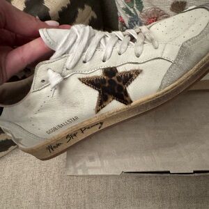 Golden Goose White Leather Low-Top Sneaker with Leopard Star Accent